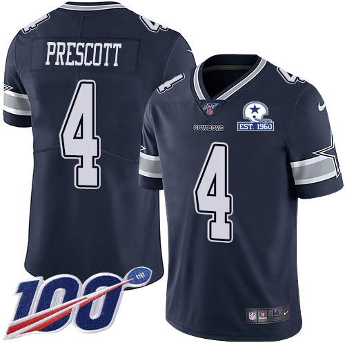 Cowboys #4 Dak Prescott Navy Blue Team Color Men's Stitched With Established In 1960 Patch 100th Season Vapor Untouchable Limited Jersey