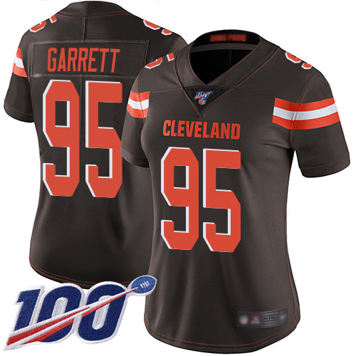 Browns #95 Myles Garrett Brown Team Color Women's Stitched 100th Season Vapor Limited Jersey