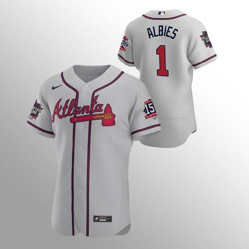 Atlanta Atlanta Braves #1 Ozzie Albies Men's 150th Anniversary 2021 World Series Authentic Jersey - Grey Men's