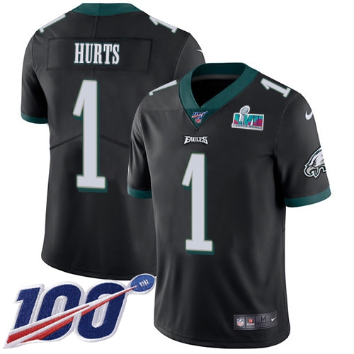 Eagles #1 Jalen Hurts Black Super Bowl LVII Patch Alternate Men's Stitched 100th Season Vapor Limited Jersey