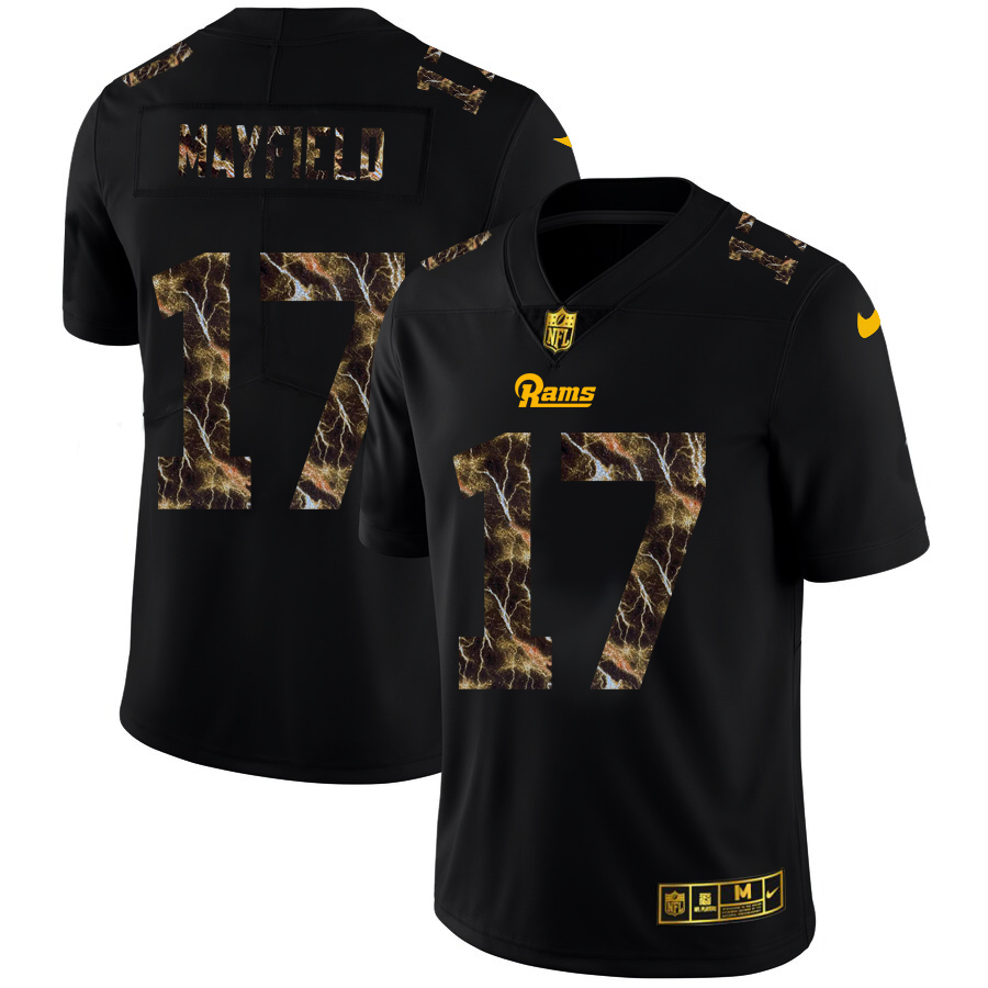 Los Angeles Rams #17 Baker Mayfield Men's Black Flocked Lightning Vapor Limited Jersey