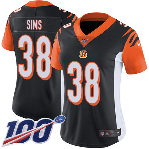 Cincinnati Bengals #38 LeShaun Sims Black Team Color Women's Stitched 100th Season Vapor Untouchable Limited Jersey Womens