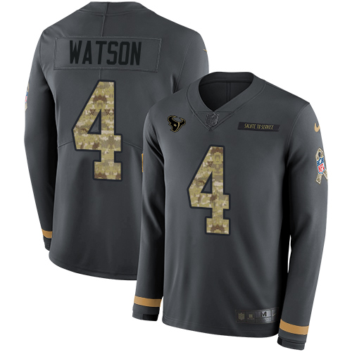 Houston Texans #4 Deshaun Watson Anthracite Salute to Service Men's Stitched Limited Therma Long Sleeve Jersey Men's