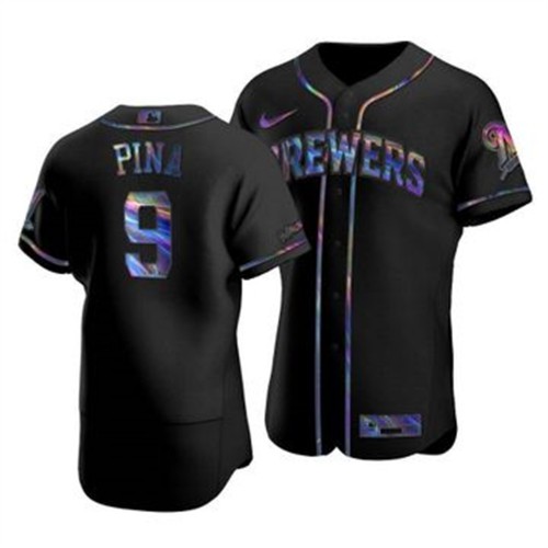 Milwaukee Milwaukee Brewers #9 Manny Pina Men's Iridescent Holographic Collection Jersey - Black Men's