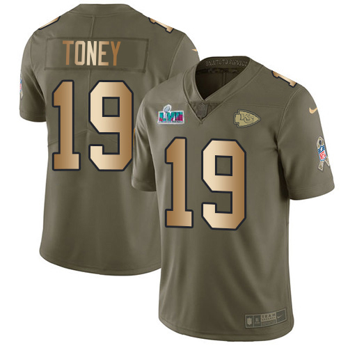 Chiefs #19 Kadarius Toney Olive/Gold Super Bowl LVII Patch Men's Stitched Limited 2017 Salute To Service Jersey
