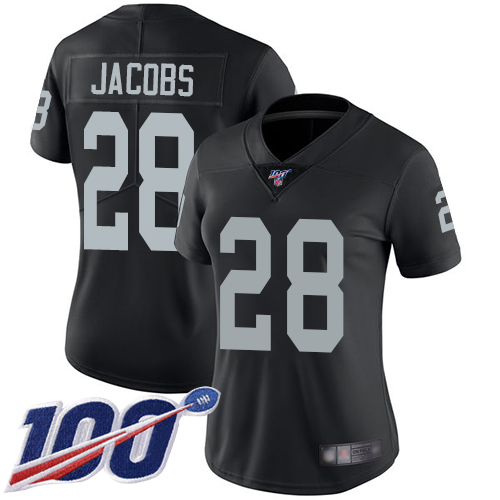 Raiders #28 Josh Jacobs Black Team Color Women's Stitched 100th Season Vapor Limited Jersey