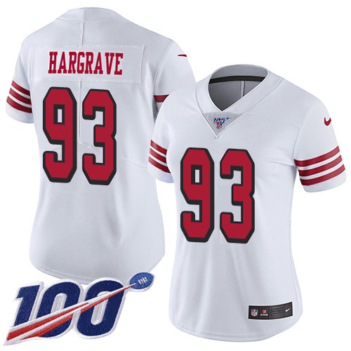 49ers #93 Javon Hargrave White Rush Women's Stitched Limited 100th Season Jersey