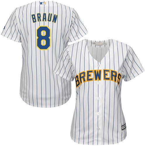 Milwaukee Brewers #8 Ryan Braun White With Blue Strip Lady Fashion Stitched Jersey Womens