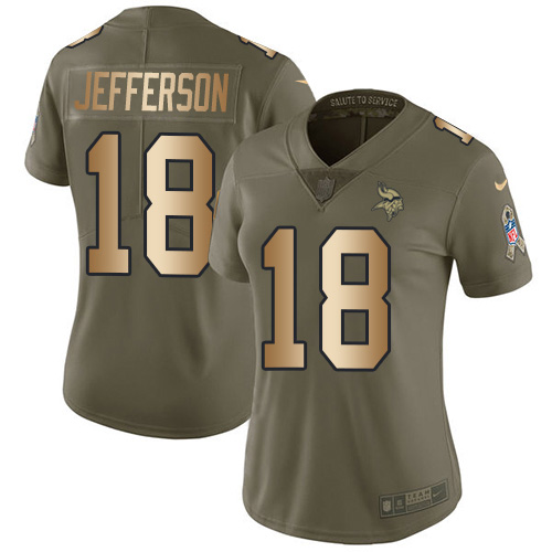 Vikings #18 Justin Jefferson Olive/Gold Women's Stitched Limited 2017 Salute To Service Jersey