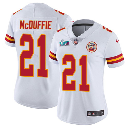 Chiefs #21 Trent McDuffie White Super Bowl LVII Patch Women's Stitched Vapor Untouchable Limited Jersey