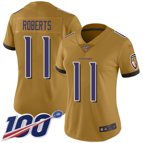 Baltimore Ravens #11 Seth Roberts Gold Women's Stitched Limited Inverted Legend 100th Season Jersey Womens