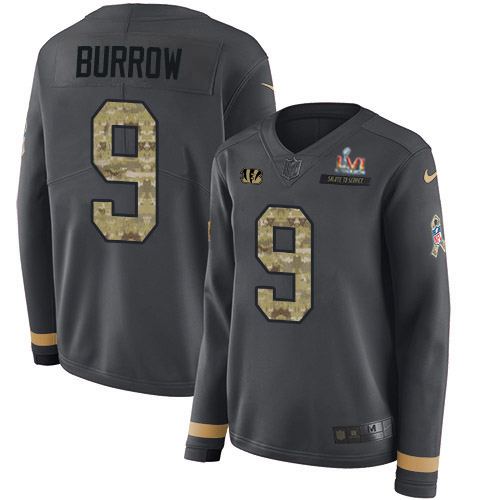 Bengals #9 Joe Burrow Anthracite Super Bowl LVI Patch Salute To Service Women's Stitched Limited Therma Long Sleeve Jersey