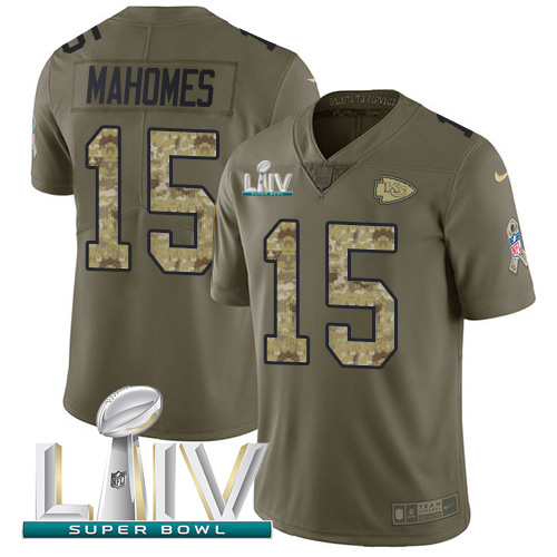 Chiefs #15 Patrick Mahomes Olive/Camo Super Bowl LIV 2020 Youth Stitched Limited 2017 Salute To Service Jersey