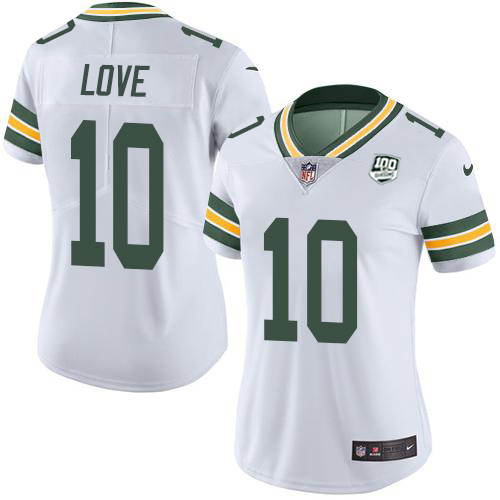 Packers #10 Jordan Love White Women's 100th Season Stitched Vapor Untouchable Limited Jersey