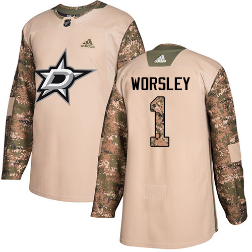 Adidas Dallas Stars #1 Gump Worsley Camo Authentic 2017 Veterans Day Stitched Jersey Men's
