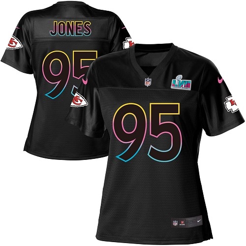 Chiefs #95 Chris Jones Black Super Bowl LVII Patch Women's Fashion Game Jersey