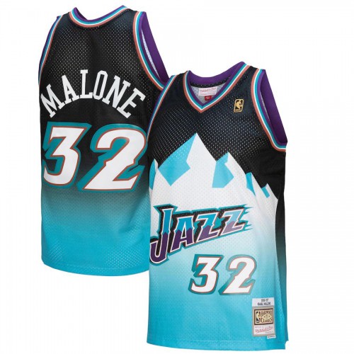 Utah Utah Jazz #32 Karl Malone Mitchell & Ness Mens Black/Light Blue 1996/97 Hardwood Classics Fadeaway Swingman Player Jersey Mens