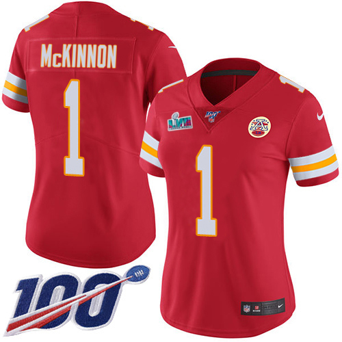 Chiefs #1 Jerick McKinnon Red Team Color Super Bowl LVII Patch Women's Stitched 100th Season Vapor Limited Jersey
