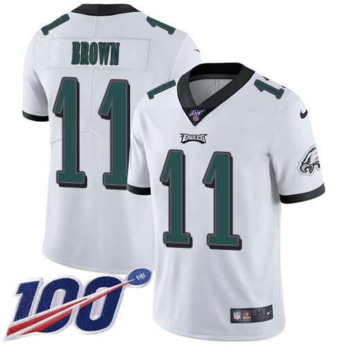 Eagles #11 A.J. Brown White Men's Stitched 100th Season Vapor Untouchable Limited Jersey