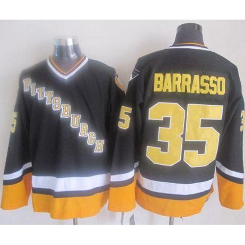 Pittsburgh Penguins #35 Tom Barrasso Black/Yellow CCM Throwback Stitched Jersey Men's