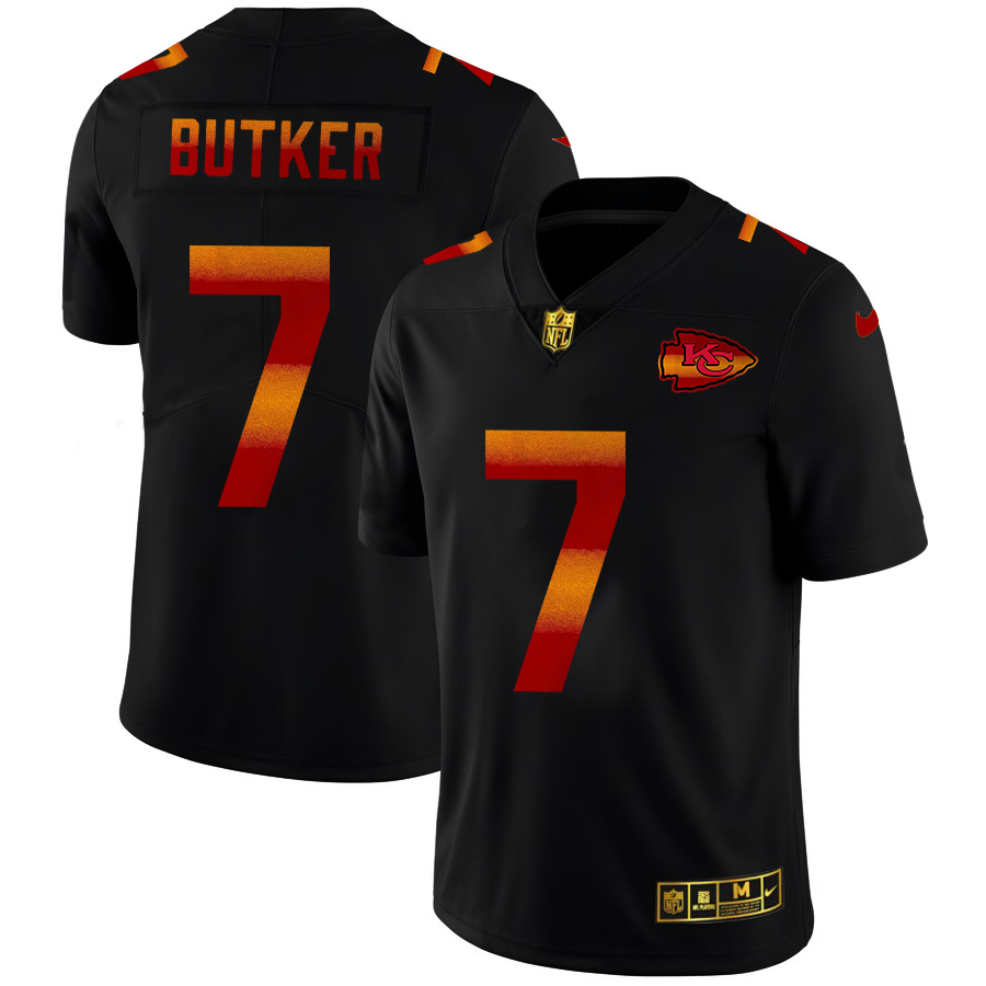 Kansas City Chiefs #7 Harrison Butker Men's Black Red Orange Stripe Vapor Limited Jersey