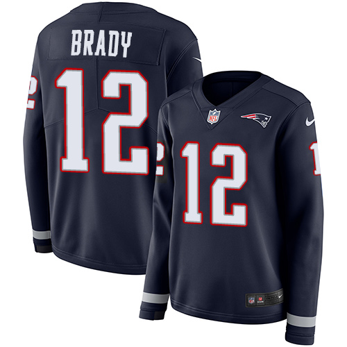 Patriots #12 Tom Brady Navy Blue Team Color Women's Stitched Limited Therma Long Sleeve Jersey