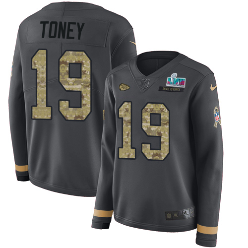 Chiefs #19 Kadarius Toney Anthracite Salute To Service Super Bowl LVII Patch Women's Stitched Limited Therma Long Sleeve Jersey