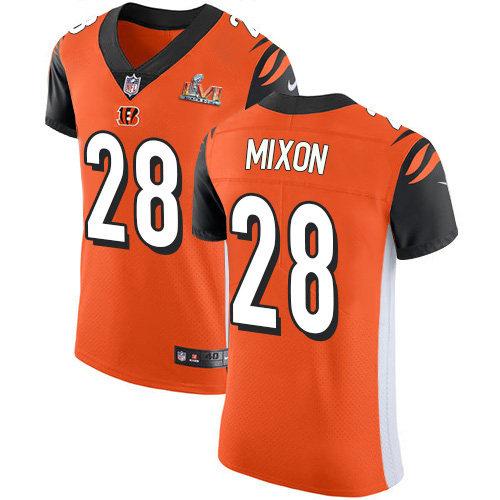 Bengals #28 Joe Mixon Orange Alternate Super Bowl LVI Patch Men's Stitched New Elite Jersey