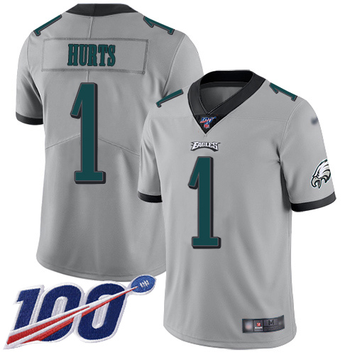 Eagles #1 Jalen Hurts Silver Youth Stitched Limited Inverted Legend 100th Season Jersey
