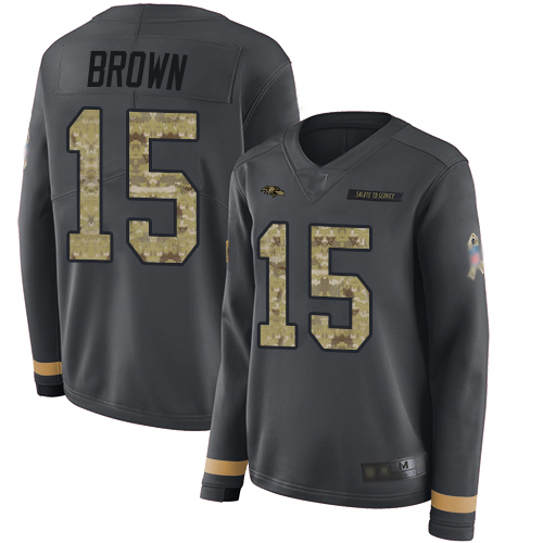 Baltimore Ravens #15 Marquise Brown Anthracite Salute to Service Women's Stitched Limited Therma Long Sleeve Jersey Womens