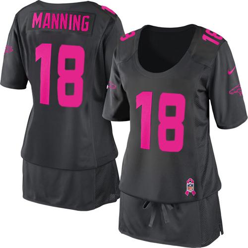 Broncos #18 Peyton Manning Dark Grey Women's Breast Cancer Awareness Stitched Elite Jersey