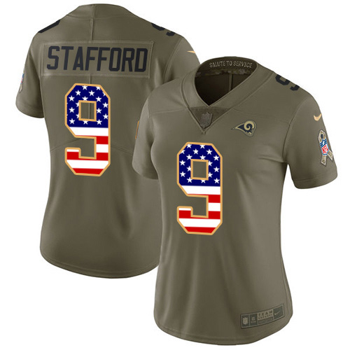 Los Angeles Rams #9 Matthew Stafford Olive/USA Flag Women's Stitched Limited 2017 Salute To Service Jersey