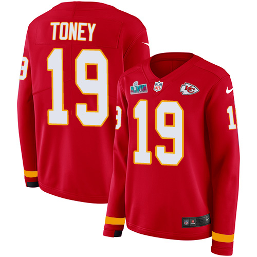 Chiefs #19 Kadarius Toney Red Team Color Super Bowl LVII Patch Women's Stitched Limited Therma Long Sleeve Jersey