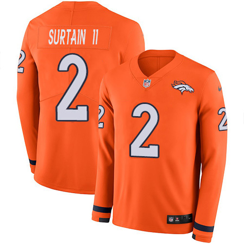 Broncos #2 Patrick Surtain II Orange Team Color Men's Stitched Limited Therma Long Sleeve Jersey