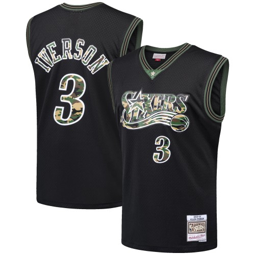 Mitchell & Ness Philadelphia 76ers #3 Allen Iverson Black Straight Fire Camo Swingman Jersey Mens