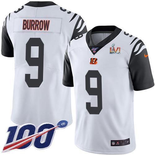Bengals #9 Joe Burrow White Super Bowl LVI Patch Men's Stitched Limited Rush 100th Season Jersey