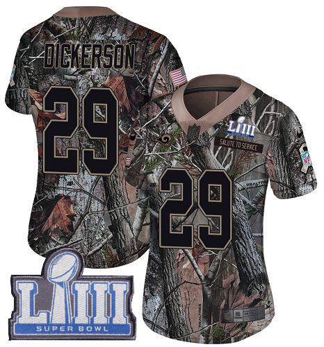 Rams #29 Eric Dickerson Camo Super Bowl LIII Bound Women's Stitched Limited Rush Realtree Jersey