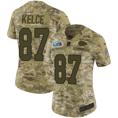 Chiefs #87 Travis Kelce Camo Super Bowl LVII Patch Women's Stitched Limited 2018 Salute To Service Jersey