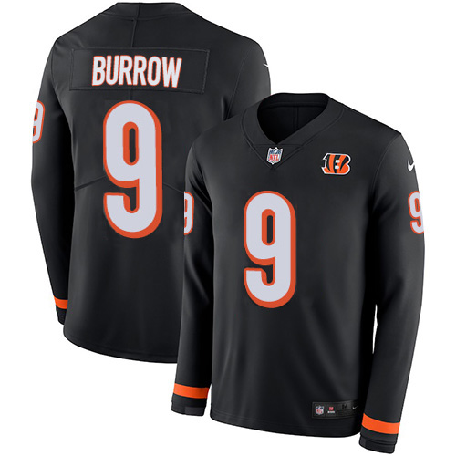 Bengals #9 Joe Burrow Black Team Color Men's Stitched Limited Therma Long Sleeve Jersey