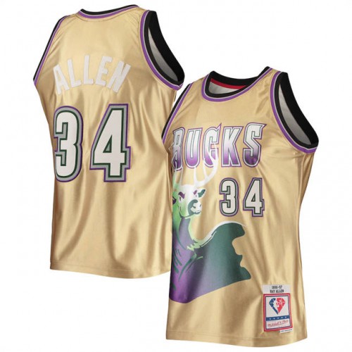 Milwaukee Milwaukee Bucks #34 Ray Allen Mens Gold Mitchell & Ness 75th Anniversary 1996-97 Hardwood Classics Swingman Jersey Mens