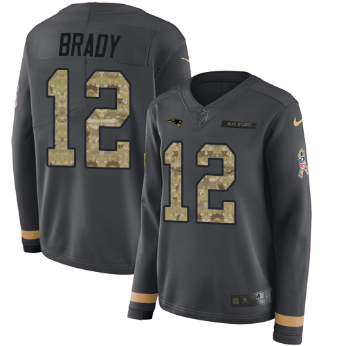 Patriots #12 Tom Brady Anthracite Salute To Service Women's Stitched Limited Therma Long Sleeve Jersey
