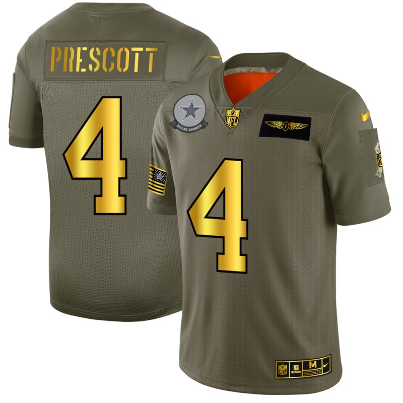 Dallas Cowboys #4 Dak Prescott Men's Olive Gold 2019 Salute To Service Limited Jersey