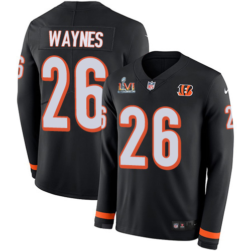 Cincinnati Bengals #26 Trae Waynes Black Team Color Super Bowl LVI Patch Youth Stitched Limited Therma Long Sleeve Jersey Youth
