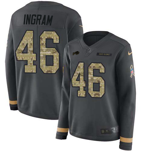 Bills #46 Ja'Marcus Ingram Anthracite Salute To Service Women's Stitched Limited Therma Long Sleeve Jersey