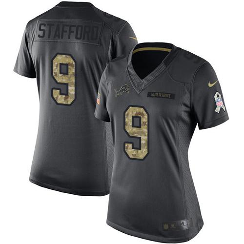 Detroit Lions #9 Matthew Stafford Black Women's Stitched Limited 2016 Salute to Service Jersey Womens