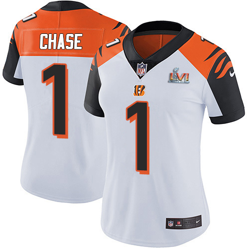 Bengals #1 Ja'Marr Chase White Super Bowl LVI Patch Women's Stitched Vapor Untouchable Limited Jersey