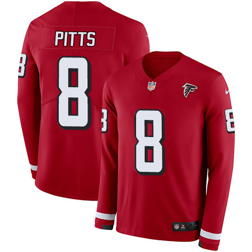 Falcons #8 Kyle Pitts Red Team Color Youth Stitched Limited Therma Long Sleeve Jersey