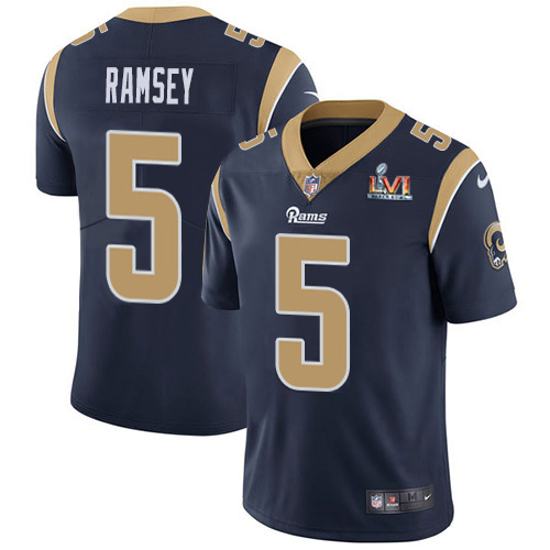 Rams #5 Jalen Ramsey Navy Blue Team Color Super Bowl LVI Patch Youth Stitched Vapor Untouchable Limited Jersey