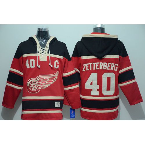 Detroit Red Wings #40 Henrik Zetterberg Red Sawyer Hooded Sweatshirt Stitched Jersey Men's