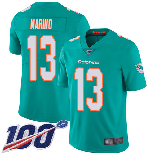 Dolphins #13 Dan Marino Aqua Green Team Color Men's Stitched 100th Season Vapor Limited Jersey